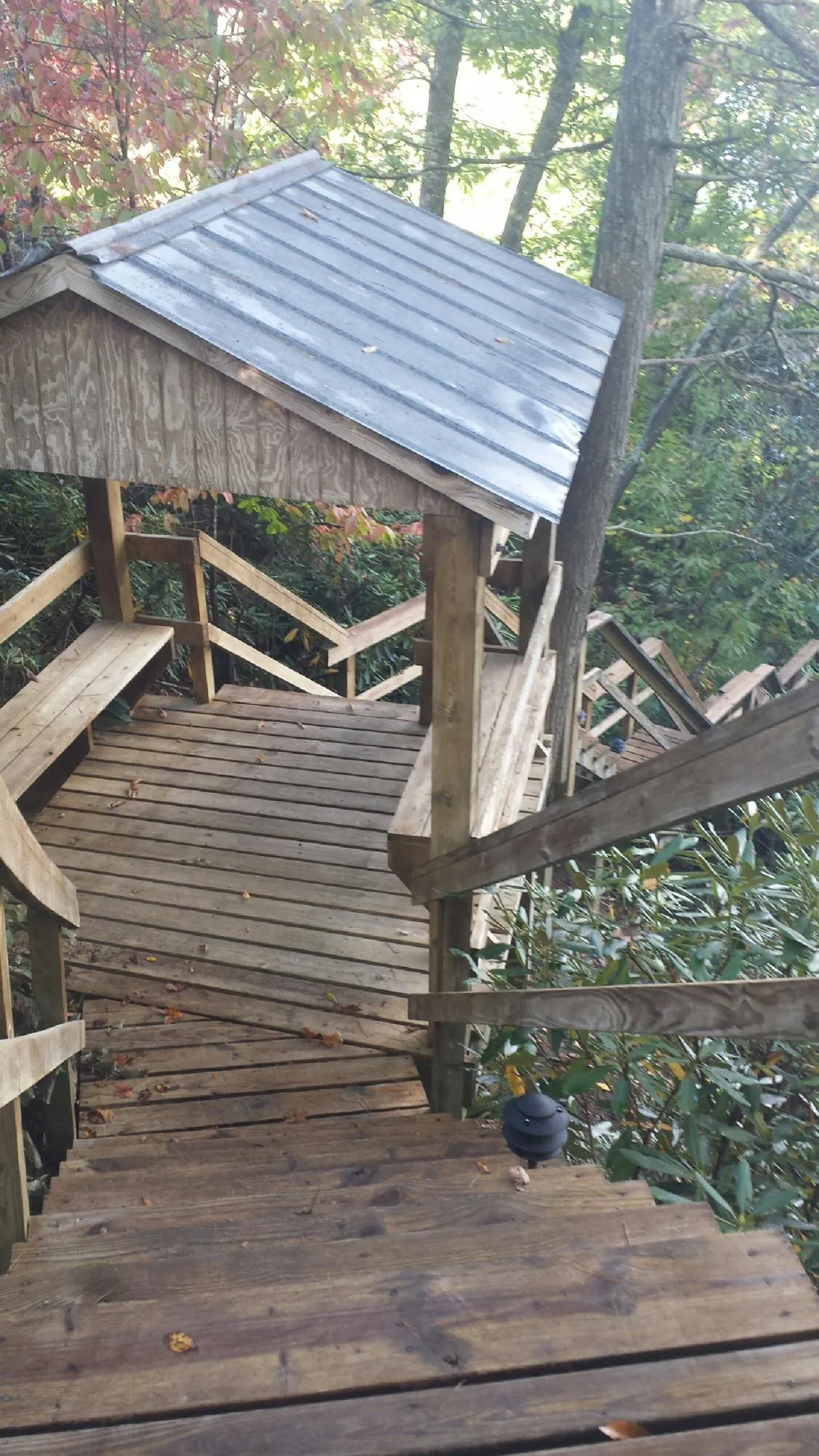 Metal roofed shelter over wooden steps on a wooded walkway — Skylight Repair & Installation work by our crew in Berlin Heights